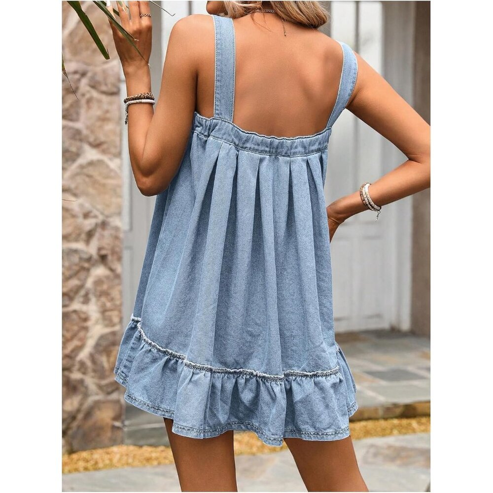 Women's Denim Mini Dress Sleeveless Button Ruffle Square Neck Casual - Picture 2 of 6